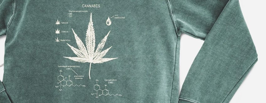 Un sweat-shirt vert avec une feuille de cannabis blanche et des structures chimiques imprimées dessus.