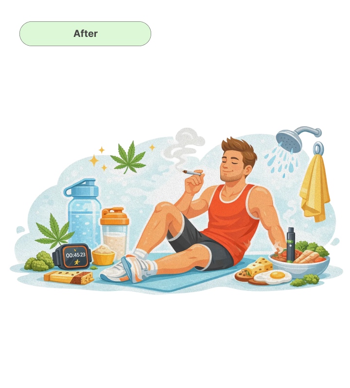 Illustration d’un coureur se relaxant avec du cannabis après l’entraînement, montrant nourriture, hydratation, douche et éléments de récupération