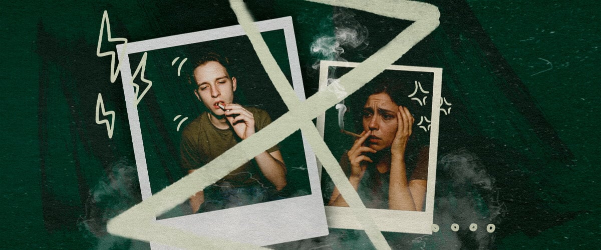 Anxiété ou Paranoïa Après une Pause de Tolérance au Cannabis Deux personnes fumant du cannabis, l'une détendue, l'autre anxieuse, illustrant l'anxiété ou la paranoïa potentielle après une pause de tolérance.
