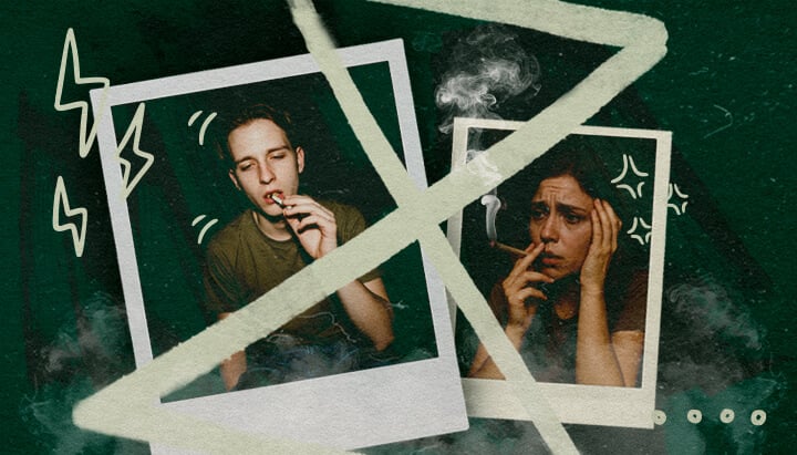 Anxiété ou Paranoïa Après une Pause de Tolérance au Cannabis Deux personnes fumant du cannabis, l'une détendue, l'autre anxieuse, illustrant l'anxiété ou la paranoïa potentielle après une pause de tolérance.