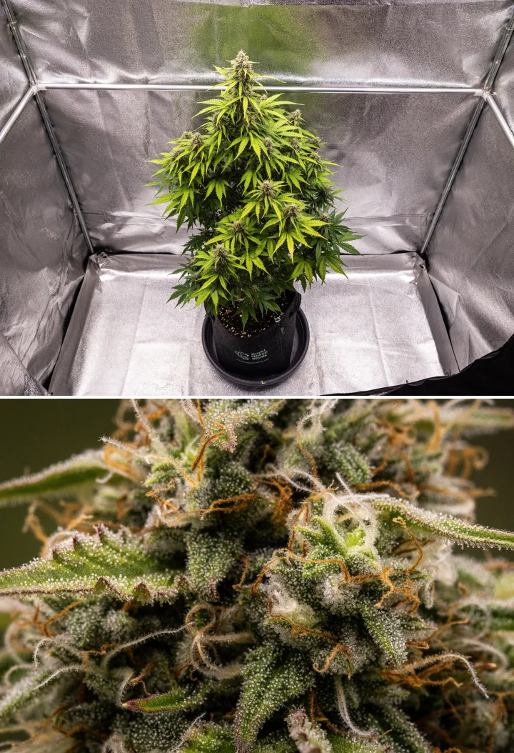 Grow report Atlas F1 : semaine 8, têtes prêtes à récolter Plant de cannabis Atlas F1 poussant dans un pot en tissu pendant la semaine 8 du grow report, montrant des têtes matures givrées, une couverture dense de trichomes, des pistils orange et une floraison prête à être récoltée.