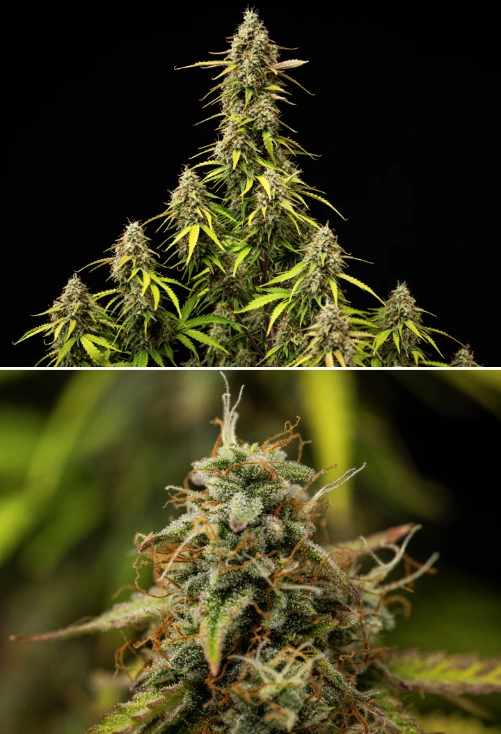 Grow report Atlas F1 : semaine 9, maturation finale Plant de cannabis Atlas F1 pendant la semaine 9 du grow report, montrant des têtes entièrement mûres, une couverture dense de trichomes, des pistils orange, des feuilles qui jaunissent et une floraison mature.
