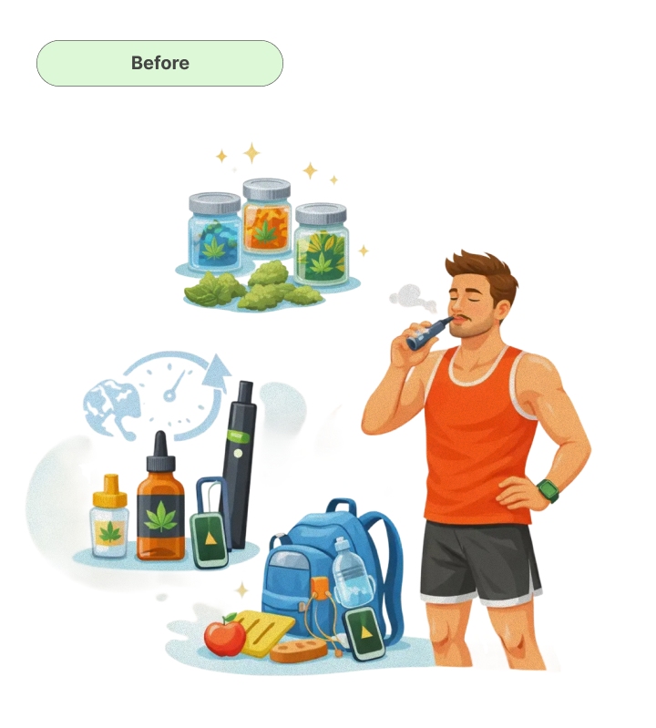 Illustration d’un coureur se préparant à consommer du cannabis avant un entraînement, avec vape, huiles, fleurs et équipement de course