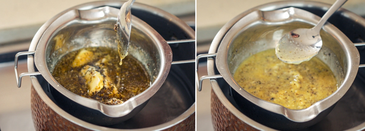 Faire mijoter doucement le cannabutter au bain-marie Mélange de cannabutter mijotant doucement au bain-marie, avec une cuillère remuant le beurre infusé pour maintenir une chaleur homogène et éviter la surchauffe