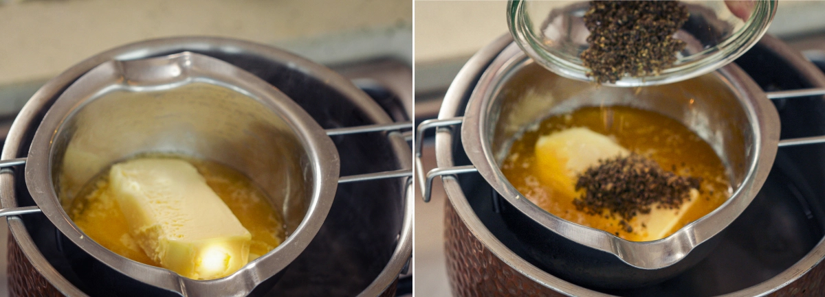 Ajout de cannabis décarboxylé au beurre fondu pour l’infusion de cannabutter Beurre fondu au bain-marie avec ajout de cannabis décarboxylé, montrant le début d’un lent processus d’infusion de cannabutter