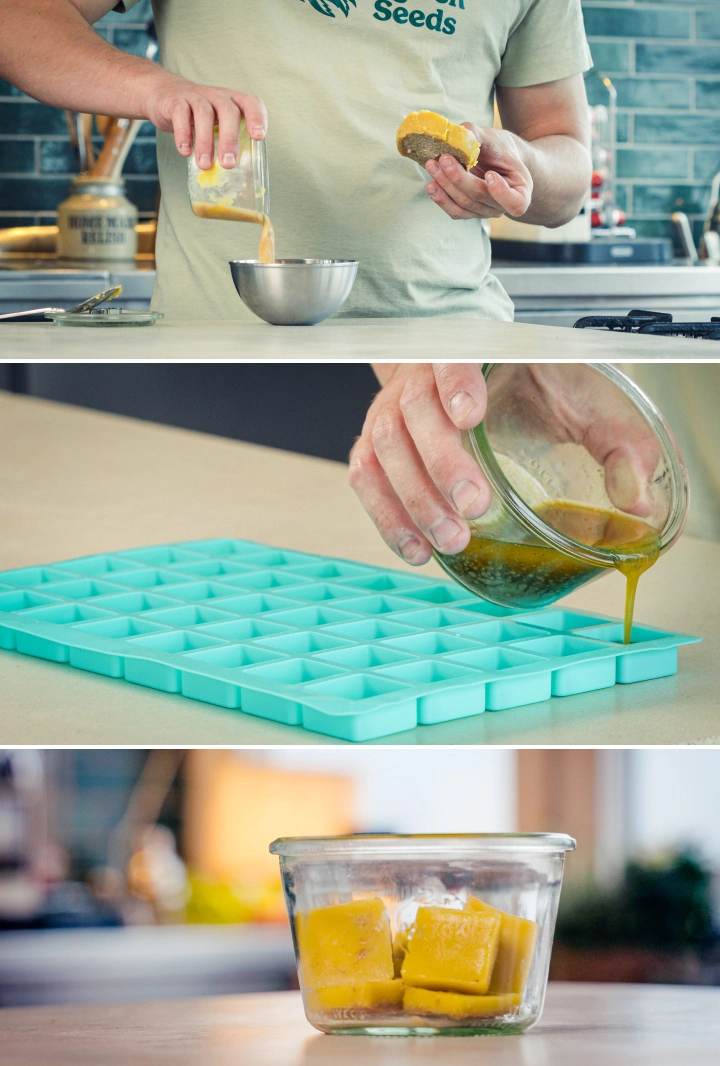 Cannabutter versé dans des moules en silicone pour le portionner, avec des cubes de beurre finis conservés dans un récipient en verre après séparation du beurre et de l’eau
