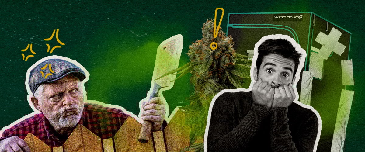 Erreurs Courantes qui Font Sentir Votre Tente de Culture Cannabis Une illustration de bourgeons de cannabis avec une tente de culture, un homme en colère avec une hache et un homme choqué, sur un fond vert, mettant en évidence les erreurs courantes qui causent l'odeur de la tente de culture.