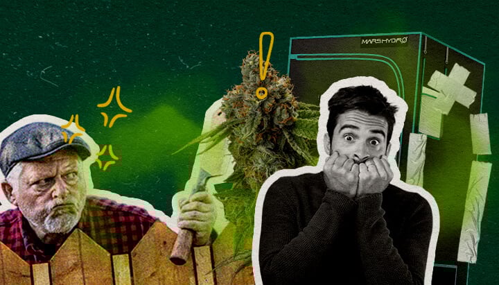 Erreurs Courantes qui Font Sentir Votre Tente de Culture Cannabis Une illustration de bourgeons de cannabis avec une tente de culture, un homme en colère avec une hache et un homme choqué, sur un fond vert, mettant en évidence les erreurs courantes qui causent l'odeur de la tente de culture.