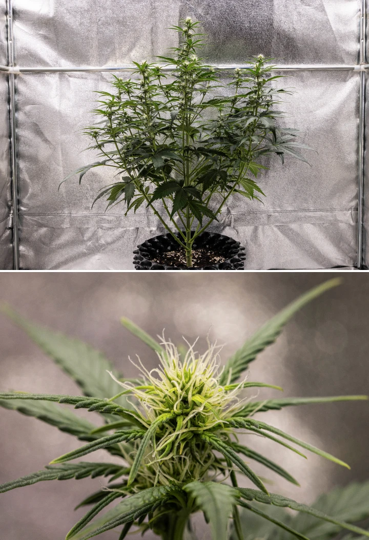 Plant de cannabis Cosmos F1 pendant la semaine 2 de floraison, montrant une formation précoce des têtes, un feuillage vert sain, une structure de branches verticale et des pistils blancs en développement entre les jours 33 et 40 après la germination.