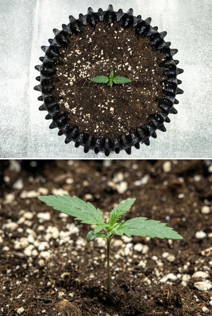 Jeune plant de cannabis Cosmos F1 pendant la germination, émergeant uniformément du sol entre les jours 1 et 5 après la germination.
