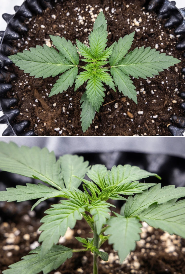 Plant de cannabis Cosmos F1 pendant la 1re semaine de végétation, avec une croissance compacte et droite, un espacement régulier des feuilles et un feuillage précoce sain entre les jours 5 et 12 après la germination.