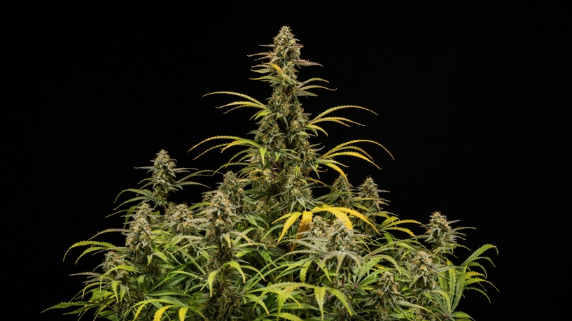 Plants de cannabis Hyperion F1 matures sur fond noir, montrant de grandes colas en floraison, des têtes résineuses, des feuilles qui jaunissent et un couvert végétal vigoureux pendant la phase finale de floraison.