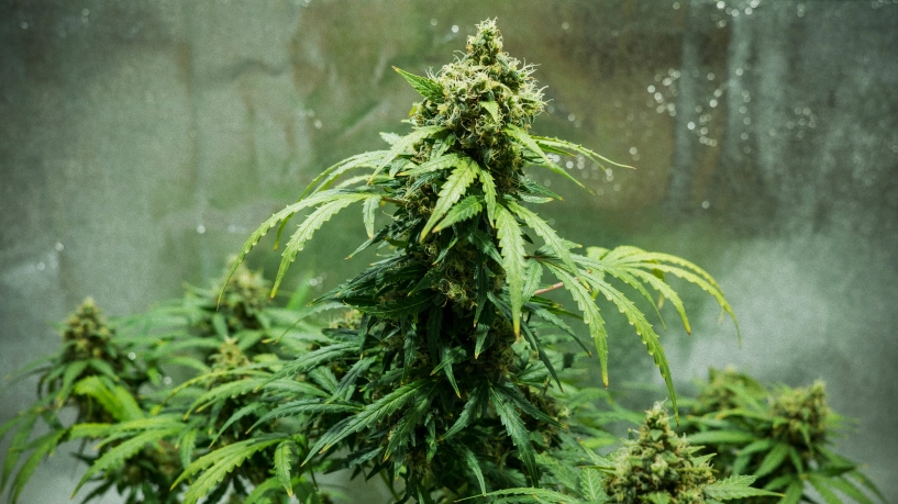 Plant de cannabis Royal Dwarf avec des têtes compactes prêtes à récolter, des fleurs résineuses, des pistils orange et un feuillage vert dans une tente de culture réfléchissante.