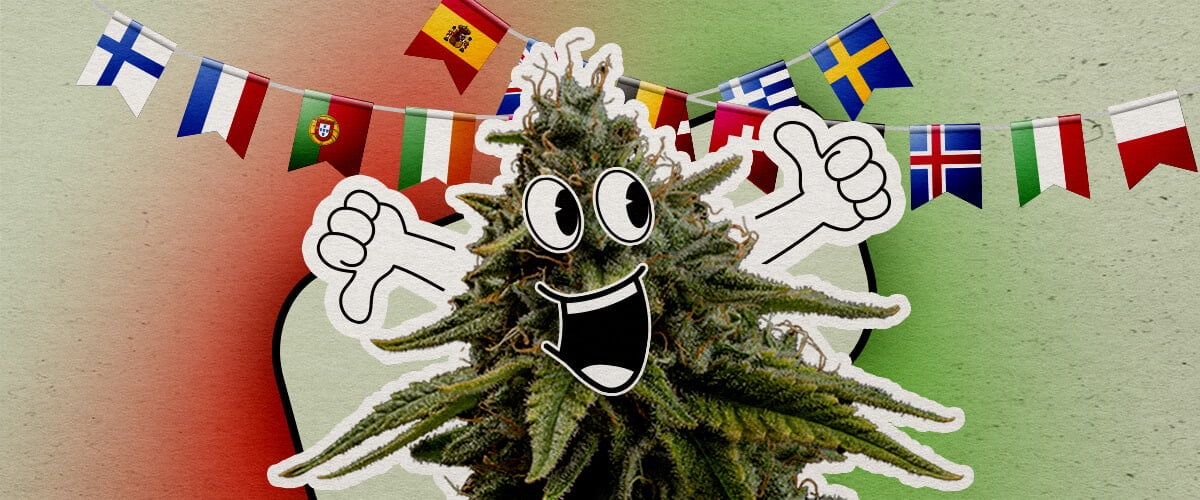Attitudes culturelles envers le cannabis en Europe Une plante de cannabis cartoon joyeuse avec un grand sourire et des pouces levés se tient sur un fond coloré. Des drapeaux européens sont suspendus au-dessus, ajoutant une touche festive.