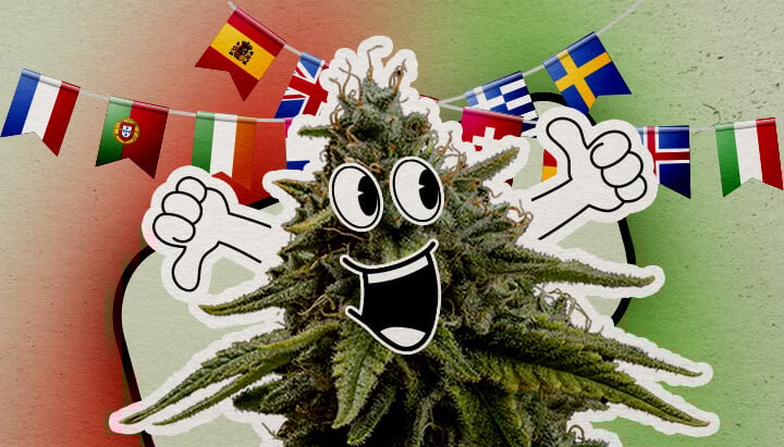 Attitudes culturelles envers le cannabis en Europe Une plante de cannabis cartoon joyeuse avec un grand sourire et des pouces levés se tient sur un fond coloré. Des drapeaux européens sont suspendus au-dessus, ajoutant une touche festive.