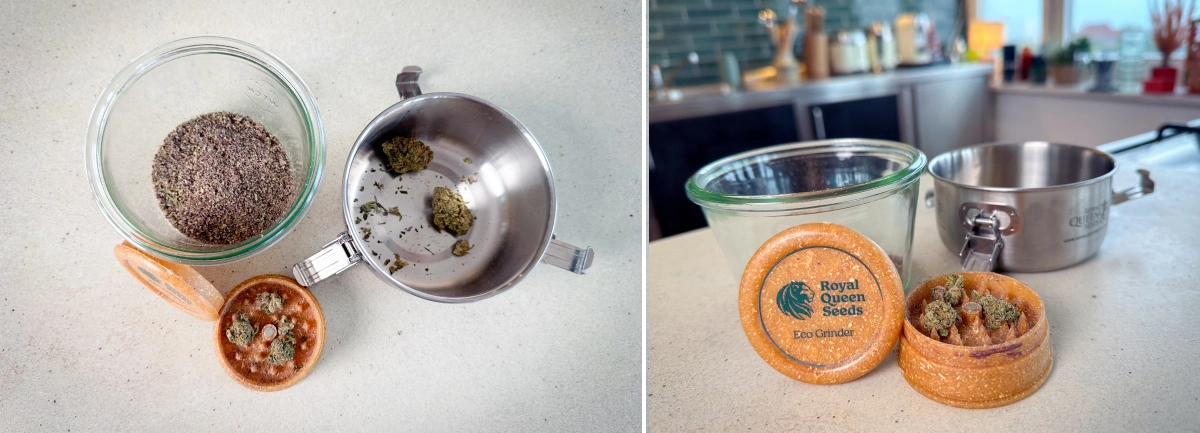 Cannabis moulu et têtes dans un grinder, un bocal en verre et une casserole avant la décarboxylation.