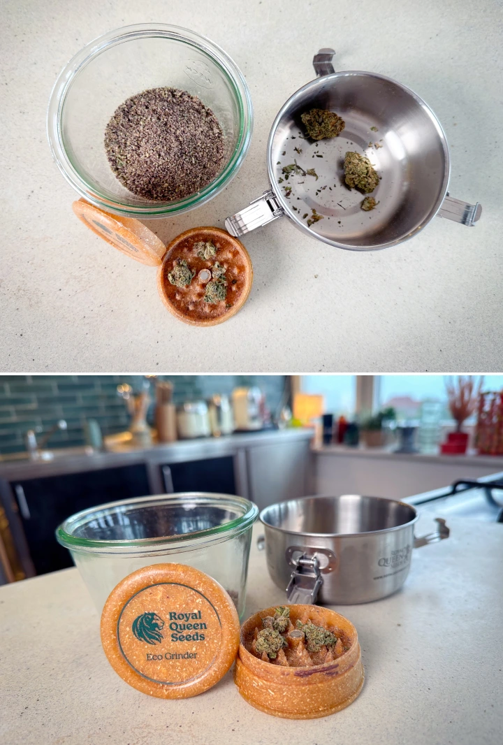 Cannabis moulu et têtes dans un grinder, un bocal en verre et une casserole avant la décarboxylation.