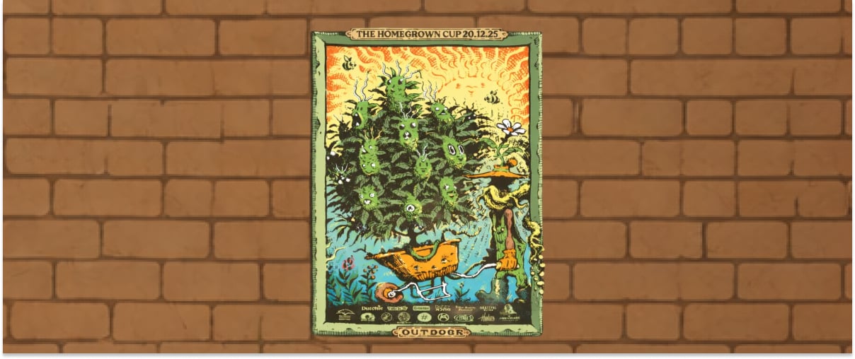 Affiche illustrée de la Homegrown Cup édition Outdoor représentant une plante de cannabis dans une scène de jardin stylisée