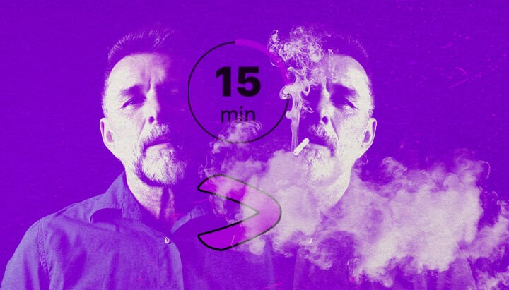 Un portrait artistique d'un homme barbu fumant de la vapeur violette, avec une expression contemplative, symbolisant les méthodes de dosage de cannabis, sur un fond abstrait vibrant.
