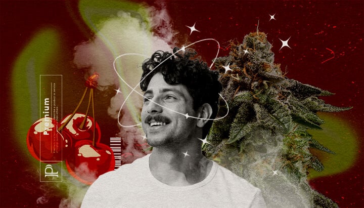 Effets de l'Herbe Cherry Pie Une illustration d'un homme souriant avec un bourgeon de cannabis et des images de cerises premium en arrière-plan, sur un fond cosmique vibrant rouge et vert avec des effets d'étoiles et de fumée, mettant en avant les effets de l'herbe Cherry Pie.