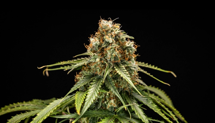 Tête de cannabis Epsilon F1 avec des fleurs denses et résineuses, des pistils orange, des feuilles vertes et une structure de floraison compacte sur fond sombre.