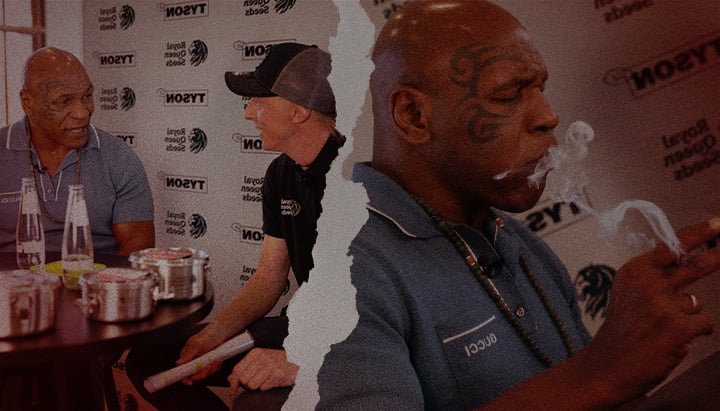 Mike Tyson discute et fume avec un représentant de Royal Queen Seeds, mettant en avant leur collaboration dans le monde du cannabis et un style de vie euphorique.