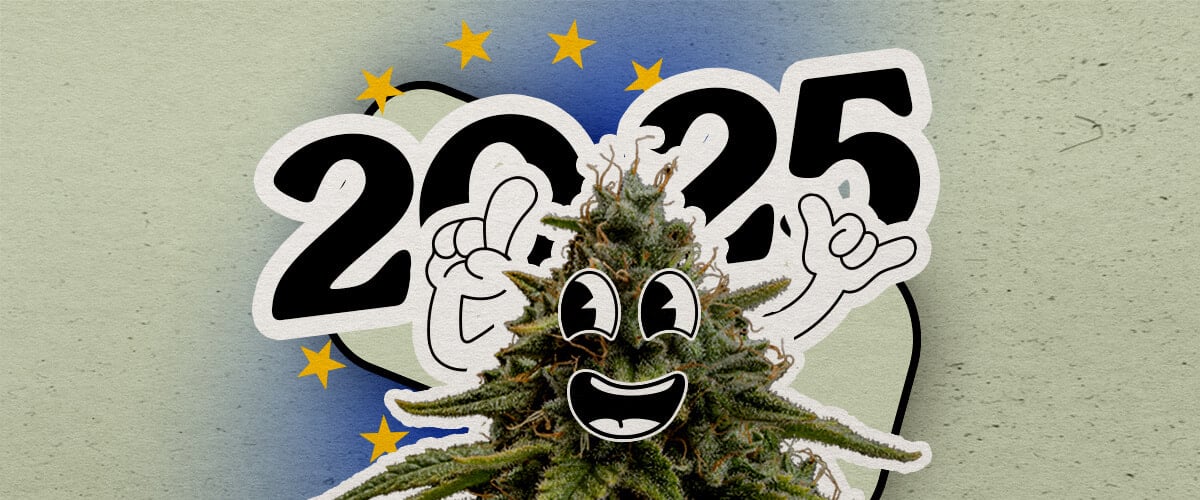 Découvrez le paysage européen du cannabis en 2025 Une plante de cannabis cartoon joyeuse avec un grand sourire et des mains levées se tient sur un fond dégradé avec 2025 et des étoiles européennes. L'image célèbre le paysage du cannabis en Europe pour l'année.