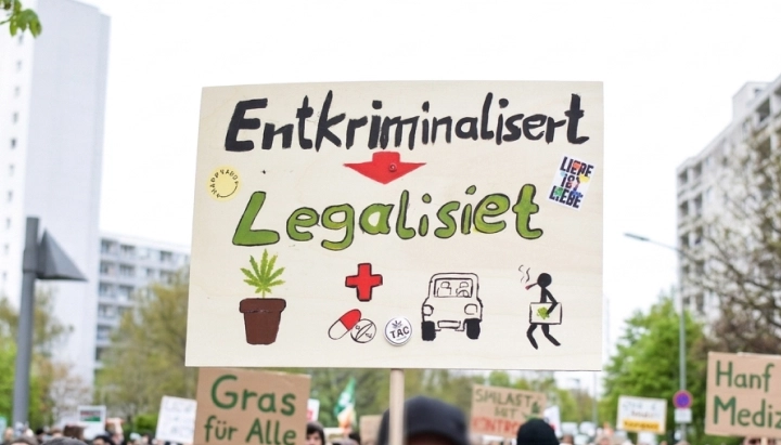Pancarte en faveur de la légalisation du cannabis lors d’une manifestation en Allemagne appelant à la dépénalisation et à la légalisation.