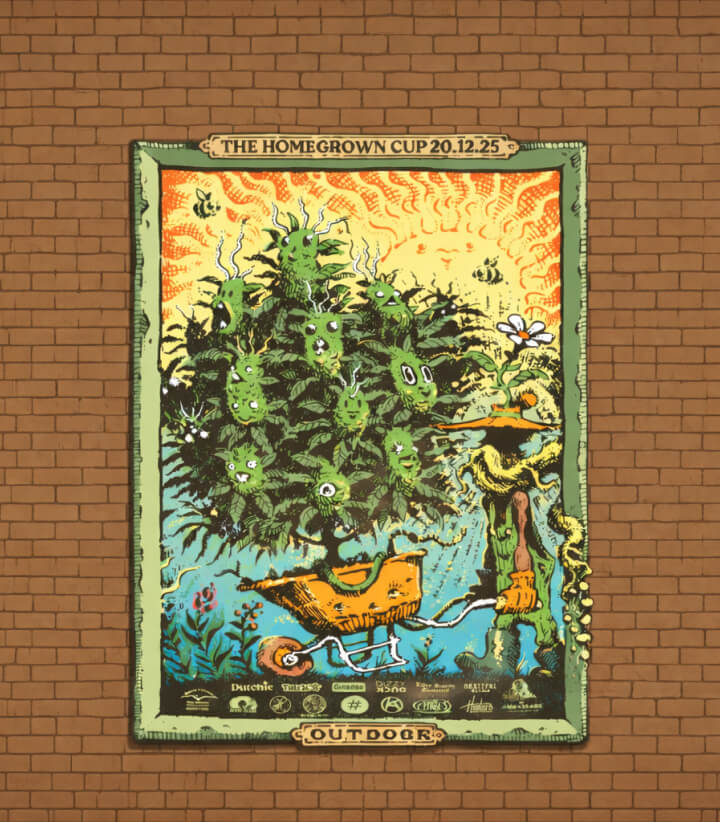 Affiche illustrée de la Homegrown Cup édition Outdoor représentant une plante de cannabis dans une scène de jardin stylisée