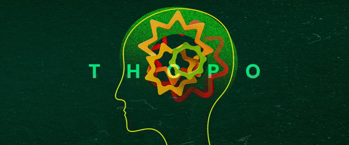 Découvrez le Fonctionnement du THCPO dans le Corps avec Cette Illustration Cérébrale Colorée Illustration vibrante d'un profil de tête humaine avec des engrenages colorés entrelacés et le texte