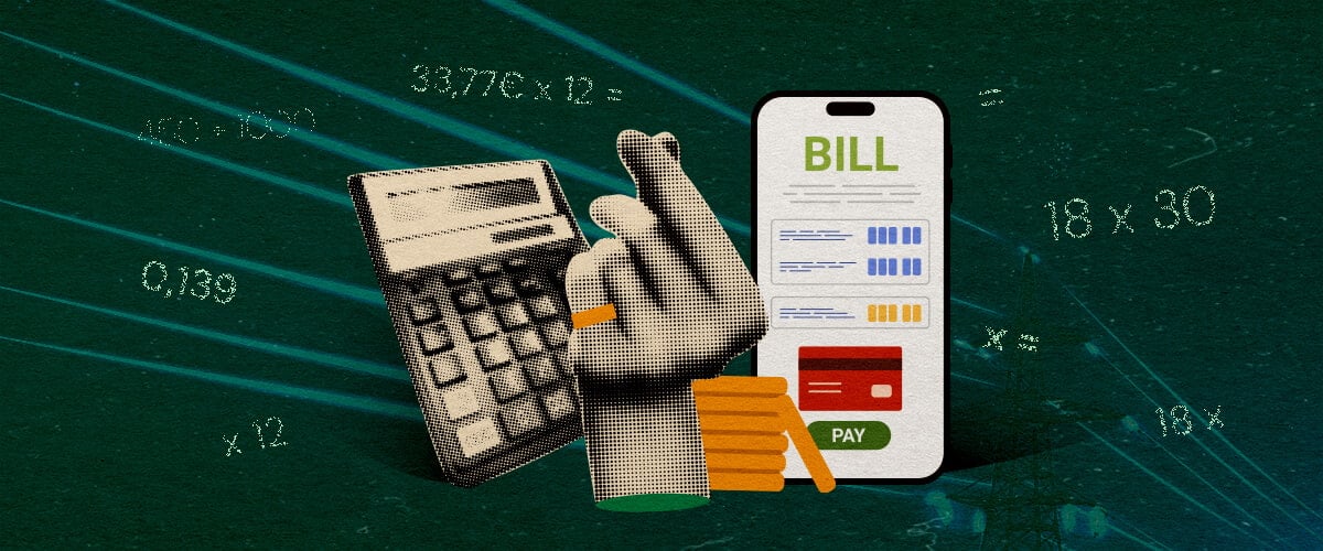 Comment Calculer le Coût Électrique des Lampes: Image Facture Main avec calculatrice et facture de smartphone, illustrant le calcul du coût électrique des lampes de culture sur un fond vert foncé, idéal pour des guides de coût de culture de cannabis.