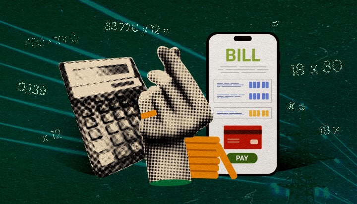 Comment Calculer le Coût Électrique des Lampes: Image Facture Main avec calculatrice et facture de smartphone, illustrant le calcul du coût électrique des lampes de culture sur un fond vert foncé, idéal pour des guides de coût de culture de cannabis.