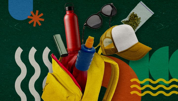Essentiels pour un Festival Amical au Cannabis Une collection d'essentiels pour un festival amical au cannabis, incluant un sac à dos jaune, une bouteille d'eau rouge, un écran solaire bleu, des lunettes de soleil, une casquette blanche et un sachet de cannabis, disposés sur un fond vert vibrant avec des formes géométriques colorées.
