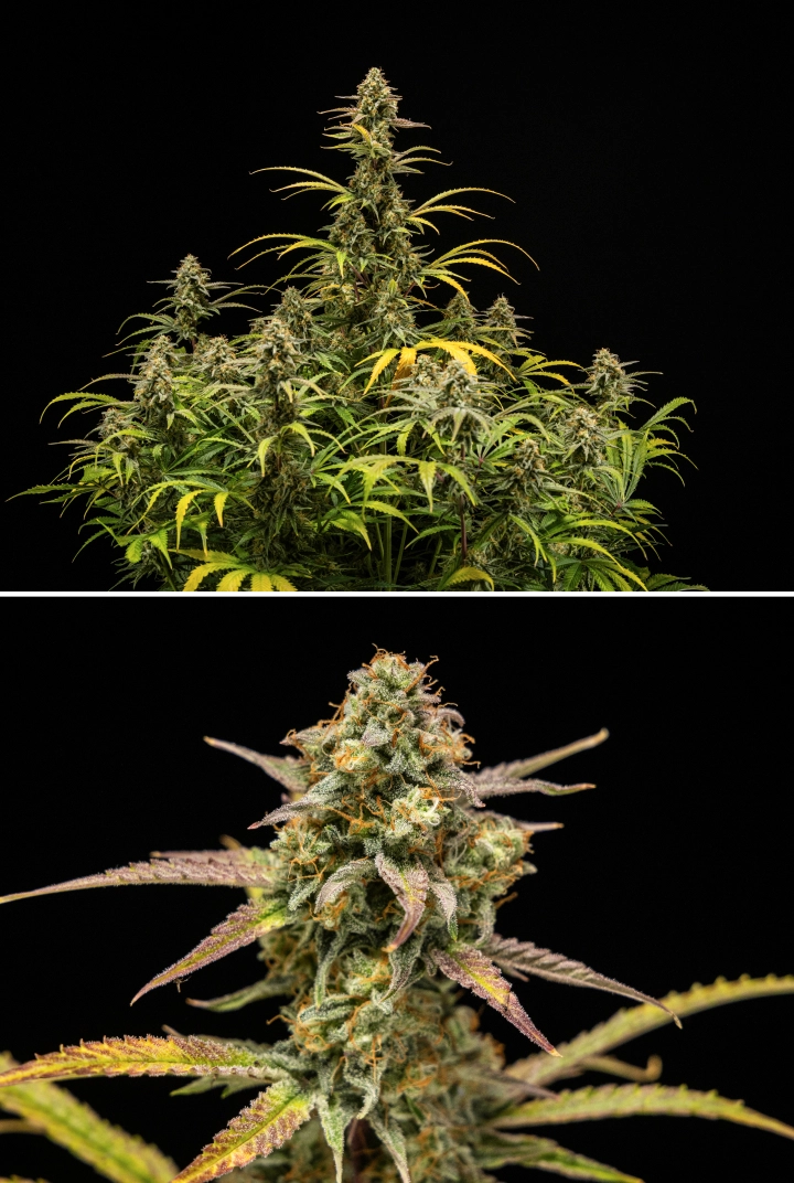 Grow report Hyperion F1 : résultats de la récolte Plants de cannabis Hyperion F1 à la récolte, montrant des colas matures et résineuses, une couverture givrée de trichomes, des pistils orange, des feuilles jaunes et violettes qui jaunissent et une floraison dense sur fond noir.