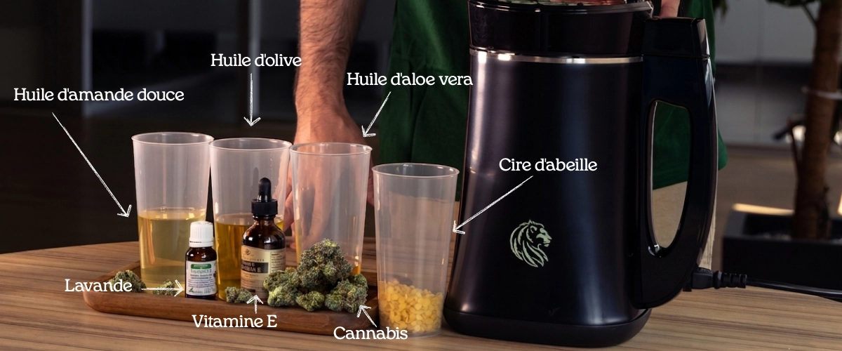 Découvrez les ingrédients naturels d’un baume au cannabis : huiles, lavande, vitamine E, cire d’abeille et cannabis.