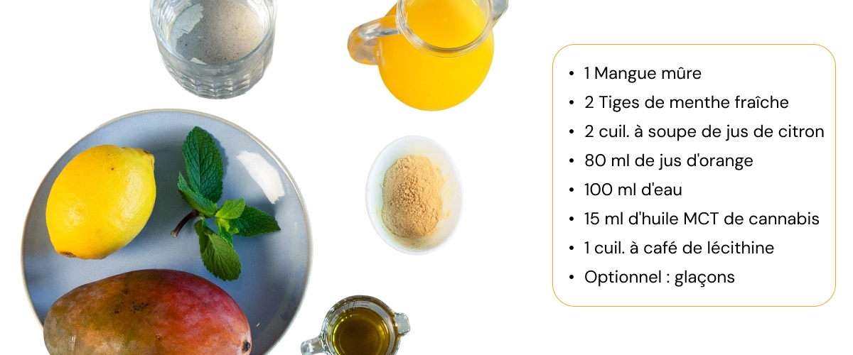 Ingrédients pour un smoothie au cannabis avec mangue, citron, menthe, jus d’orange, eau, huile MCT au cannabis et lécithine, disposés sur un fond blanc.