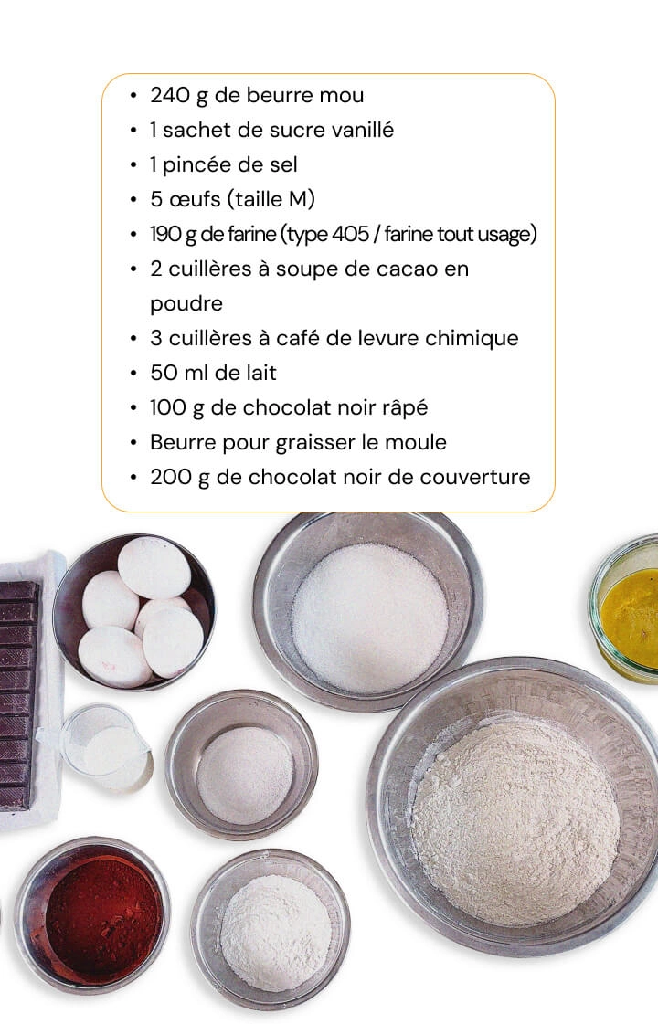 Ingrédients pour une recette maison de space cake au cannabis avec farine, cacao, œufs, beurre, lait et chocolat noir