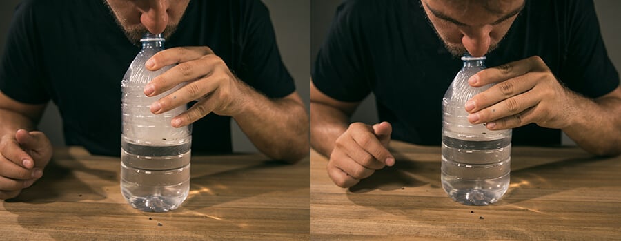 Démo du fonctionnement d'un bang improvisé fabriqué à partir d'une bouteille en plastique, montrant le processus de fabrication et son utilisation.