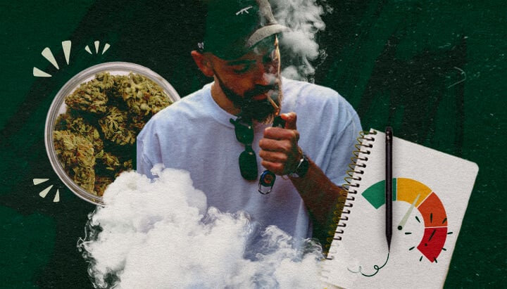Surveiller la Réponse de Votre Corps au Cannabis Homme vapotant du cannabis avec un bocal de têtes et une jauge illustrant la surveillance de la réponse corporelle.