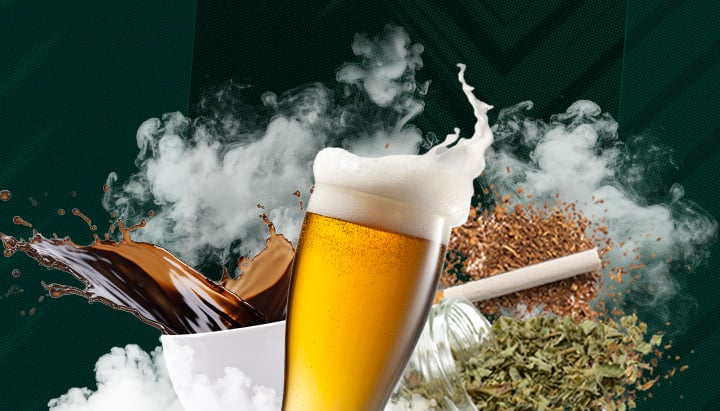 Découvrez les substances psychoactives les plus consommées : caféine, alcool, nicotine et cannabis. Cette image met en évidence leurs effets et leur utilisation répandue dans le monde entier. Découvrez les drogues psychoactives courantes.