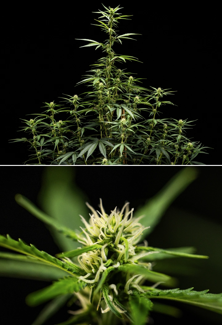 Plante de cannabis NYC Sour Diesel Auto en semaine 5 de floraison, atteignant environ 120 cm, avec un étirement continu, des sites de têtes qui s’étendent sur toute la canopée et une formation régulière des fleurs hors de la tente de culture