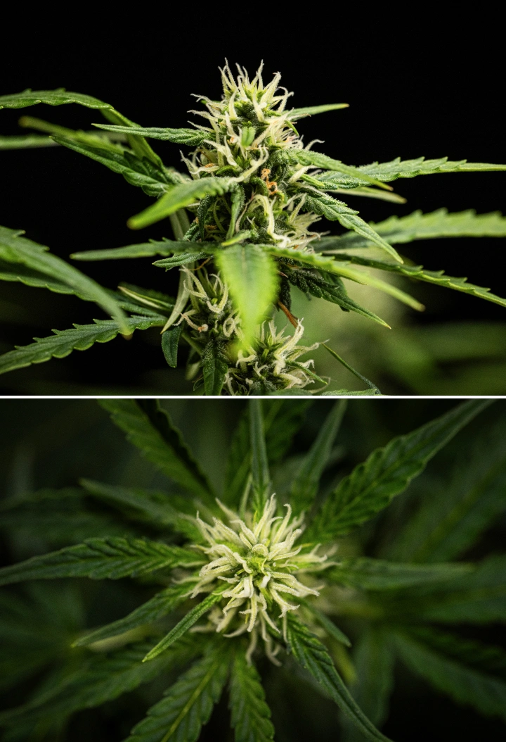 Plante de cannabis NYC Sour Diesel Auto en semaine 6 de floraison, atteignant environ 122 cm, avec une croissance verticale plus lente, des têtes plus fermes, un début de développement de résine et une formation florale dense sous éclairage LED