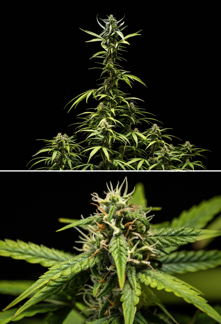 Plante de cannabis NYC Sour Diesel Auto en semaine 7 de floraison avec des têtes denses et collantes, une production de résine accrue, une cola principale proche de la lumière, un léger pâlissement des feuilles et des branches courbées soutenues