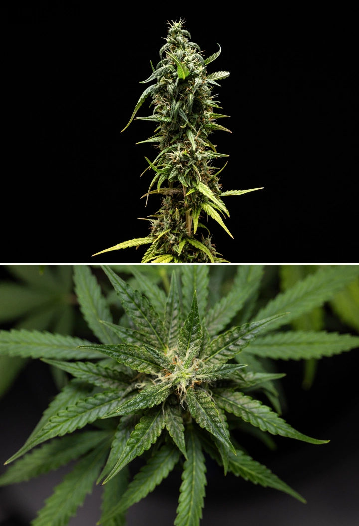 Plante de cannabis NYC Sour Diesel Auto en semaine 8 de floraison avec des trichomes laiteux, des têtes compactes et aromatiques, une forte production de résine et une cola supérieure légèrement moins mature avant la récolte