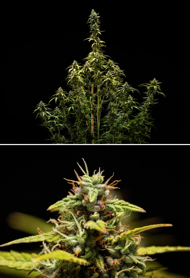 Plante de cannabis NYC Sour Diesel Auto en semaine 9 de floraison au moment de la récolte, avec des trichomes majoritairement laiteux, des têtes denses, une structure haute et un léger stress lumineux sur la cola supérieure