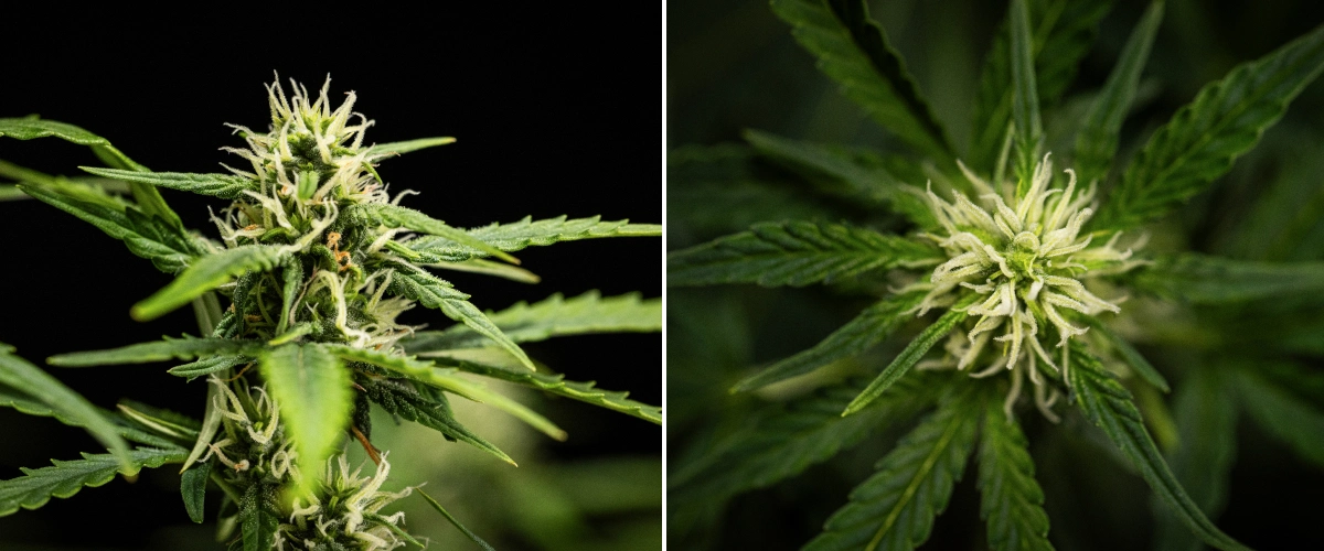 Plante de cannabis NYC Sour Diesel Auto en semaine 6 de floraison, atteignant environ 122 cm, avec une croissance verticale plus lente, des têtes plus fermes, un début de développement de résine et une formation florale dense sous éclairage LED