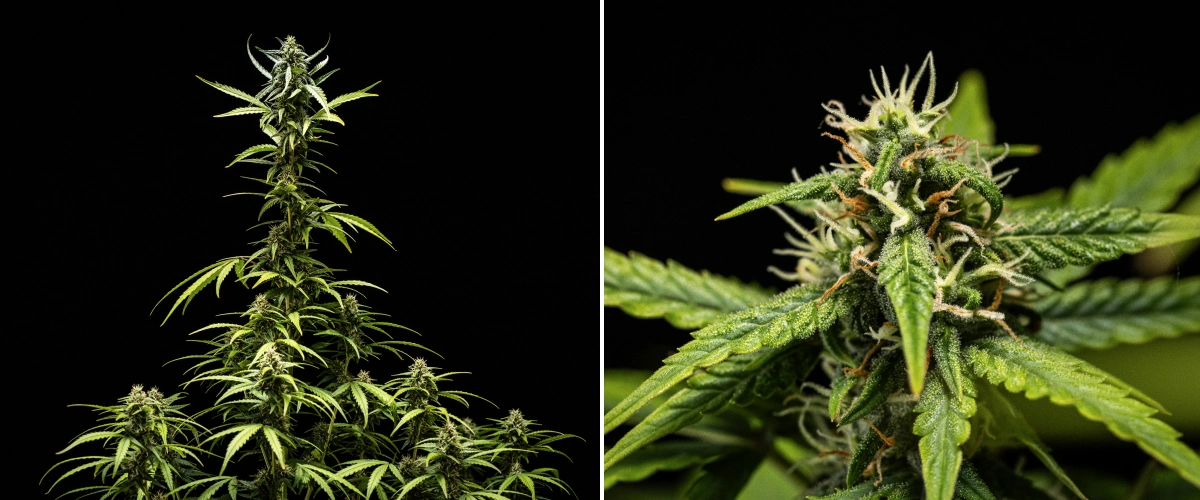 Plante de cannabis NYC Sour Diesel Auto en semaine 7 de floraison avec des têtes denses et collantes, une production de résine accrue, une cola principale proche de la lumière, un léger pâlissement des feuilles et des branches courbées soutenues