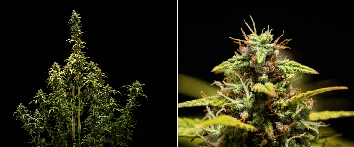 Plante de cannabis NYC Sour Diesel Auto en semaine 9 de floraison au moment de la récolte, avec des trichomes majoritairement laiteux, des têtes denses, une structure haute et un léger stress lumineux sur la cola supérieure