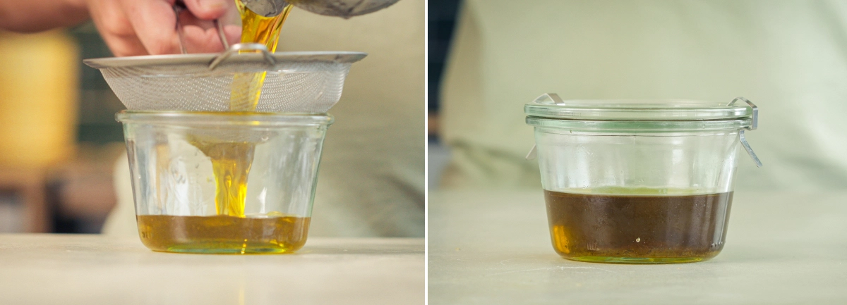 Huile d’olive infusée au cannabis filtrée à travers un tamis fin dans un récipient en verre.