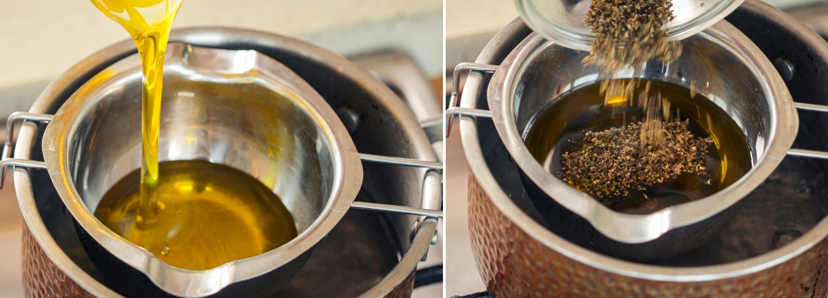 Extraction de cannabis dans l’huile d’olive au bain-marie Huile d’olive chauffée au bain-marie tandis que du cannabis décarboxylé est ajouté pour l’extraction.